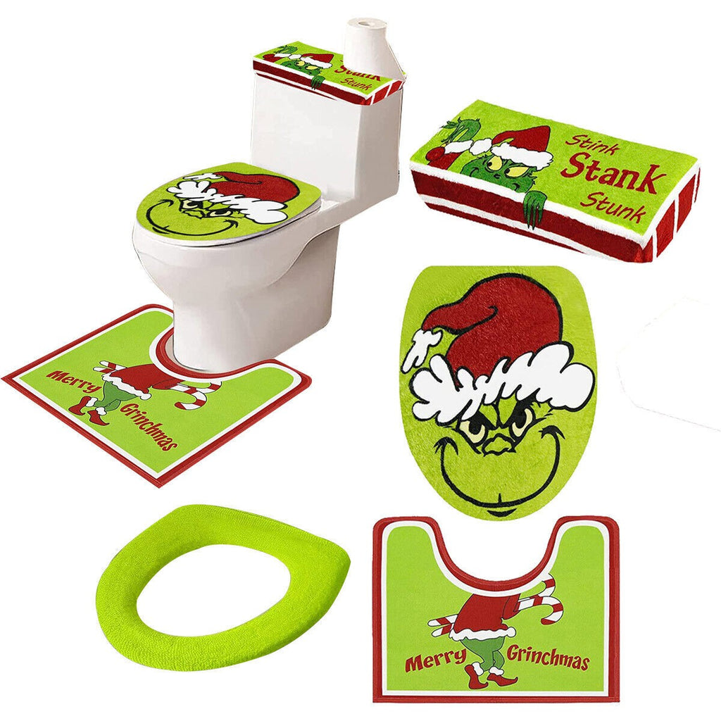 4X Bathroom Toilet Christmas Grinch Decor Sets Seat Collar Cover Non-slip Mat