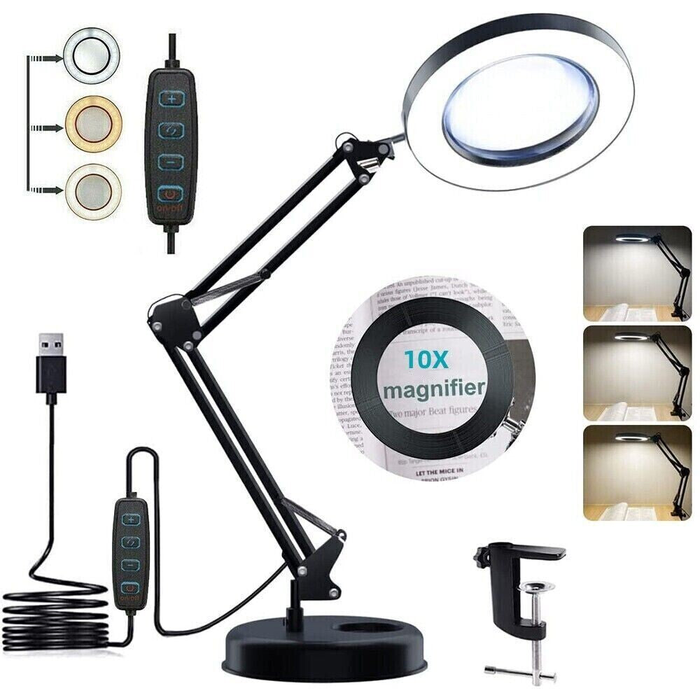 Magnifying Glass Lamp 10X LED Light Desk Magnifier With Clamp Support Stand