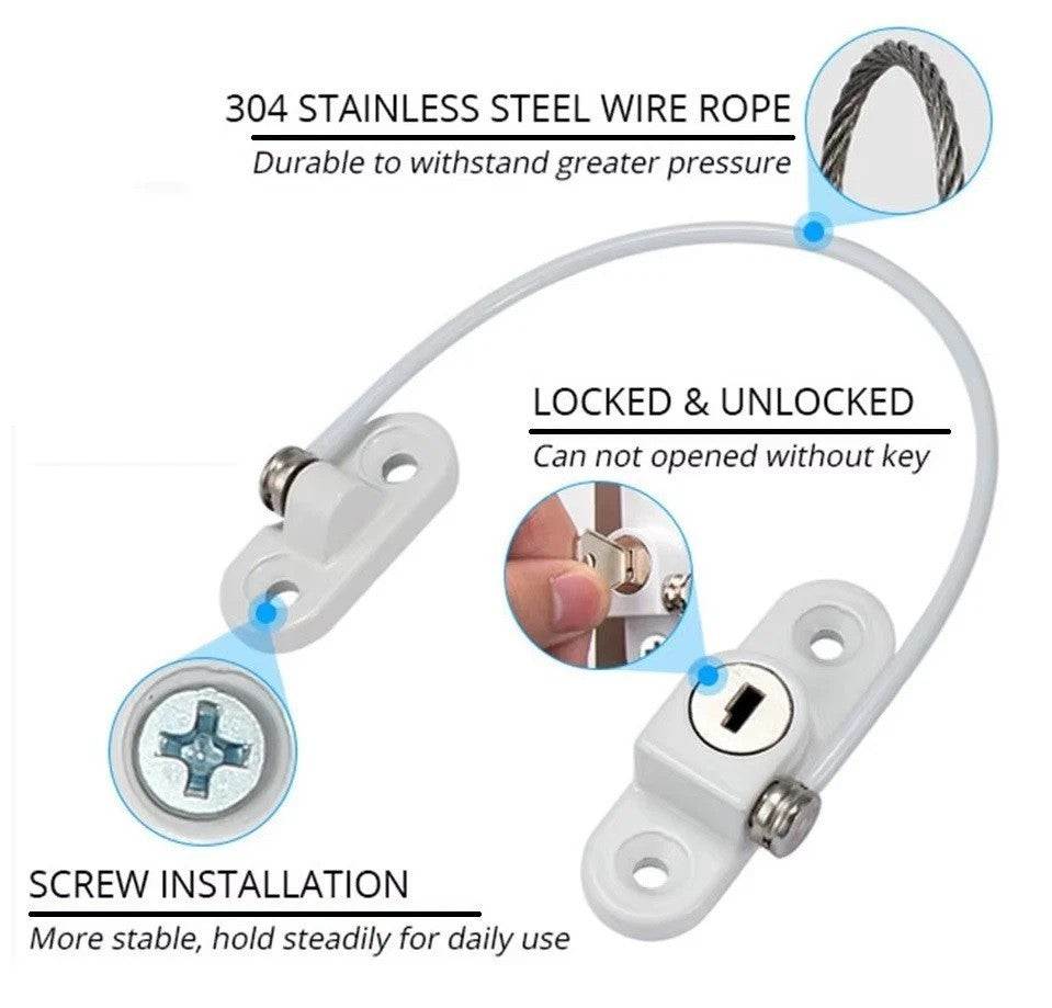4X Window Door Cable Restrictor Lock Child Baby Safety White Security Lock UK