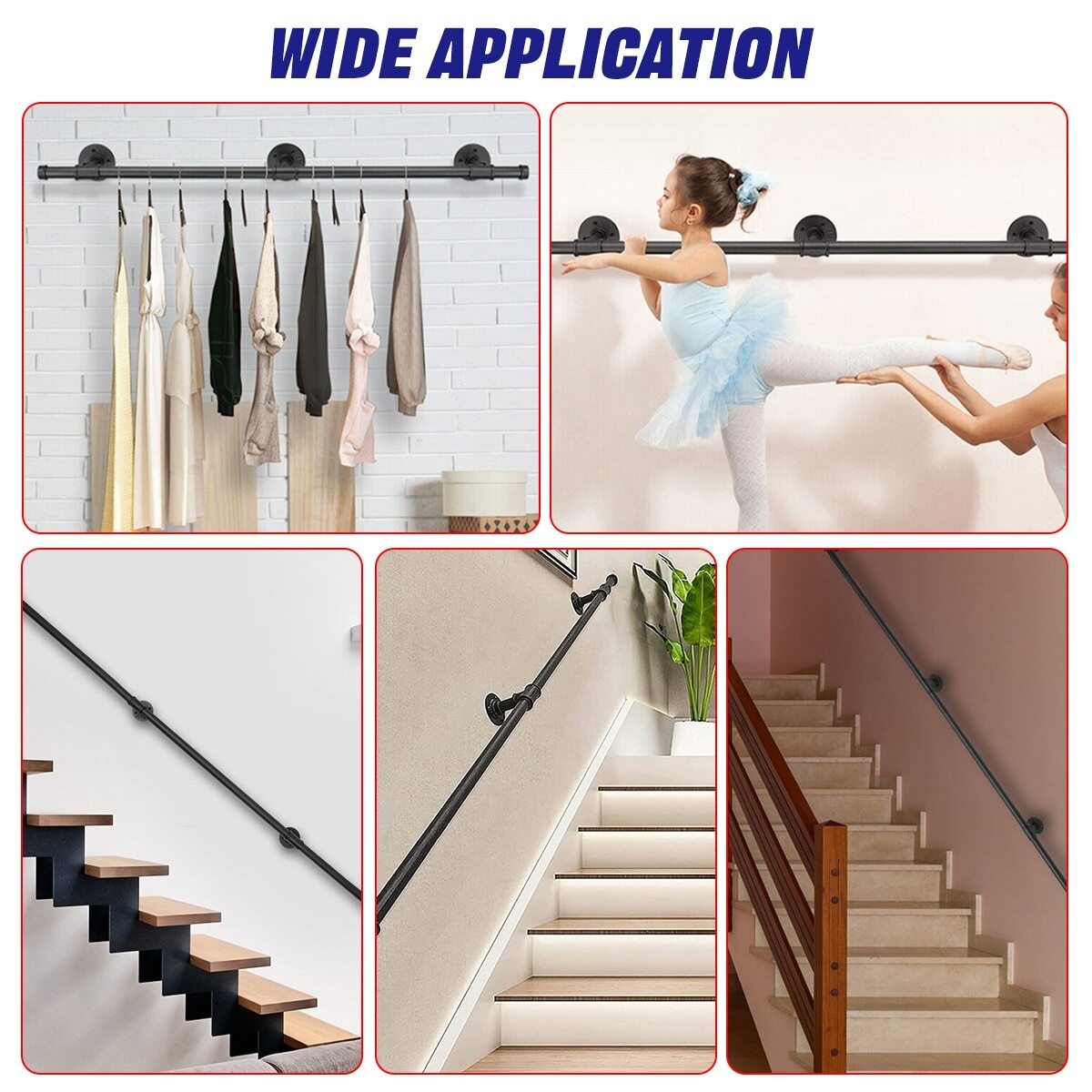 Industrial Pipe Stair Handrail Wall Mounted Grab Rail Staircase Banister Support
