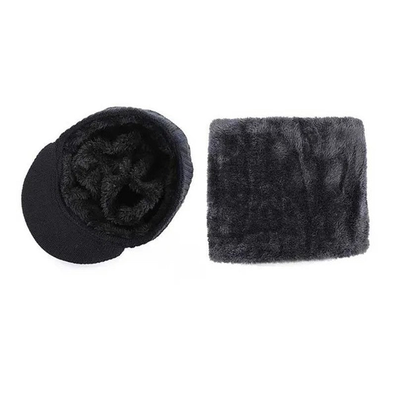 Mens Winter Warm Peaked Beanie Hat Fleece Lined Outdoor Ski Cap with Scarf