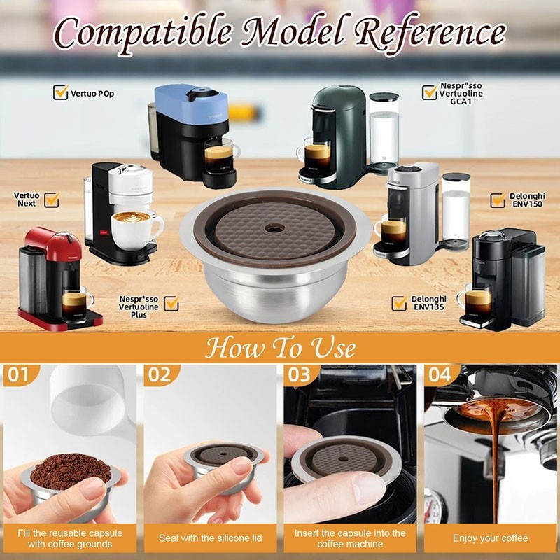 Stainless Steel Refillable For Nespresso Vertuo Coffee Pod Capsules 230ml．