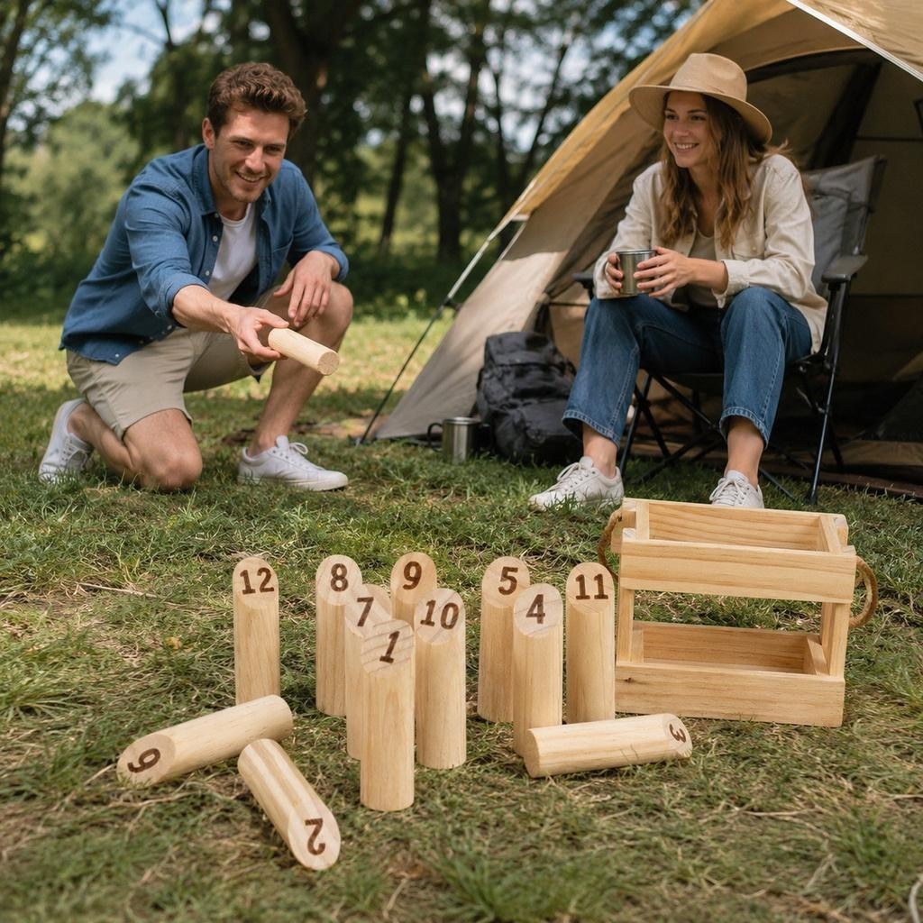 Wooden Molkky Game Set with Storage Box for Outdoor Family Fun and Play