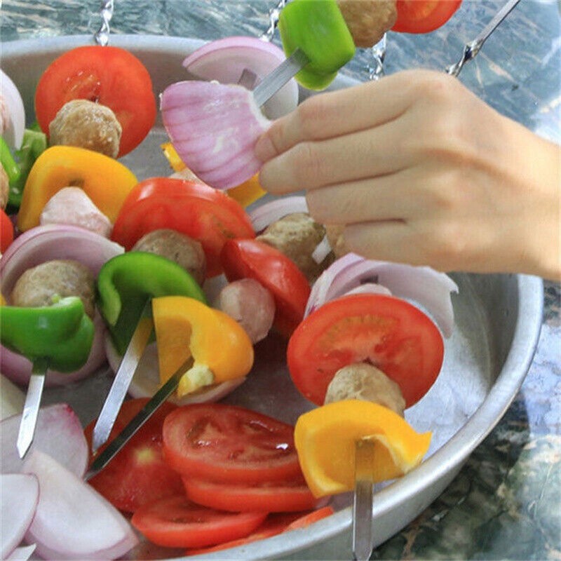 10PCS BBQ LONG Metal Kebab Grill Steel Sticks Flat Skewers Barbecue Meat