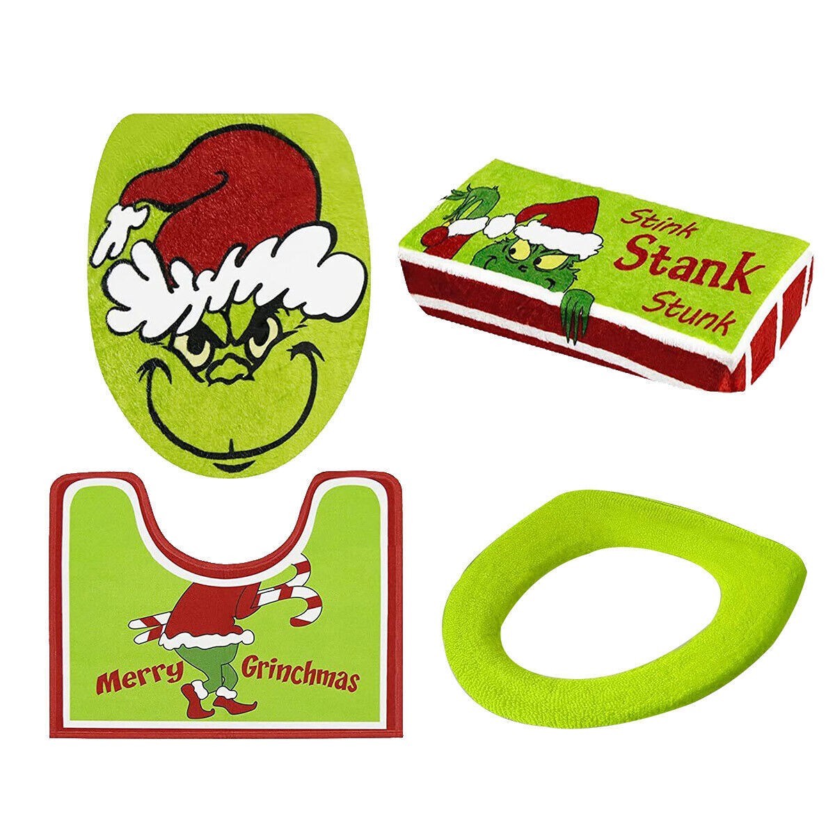 4X Bathroom Toilet Christmas Grinch Decor Sets Seat Collar Cover Non-slip Mat