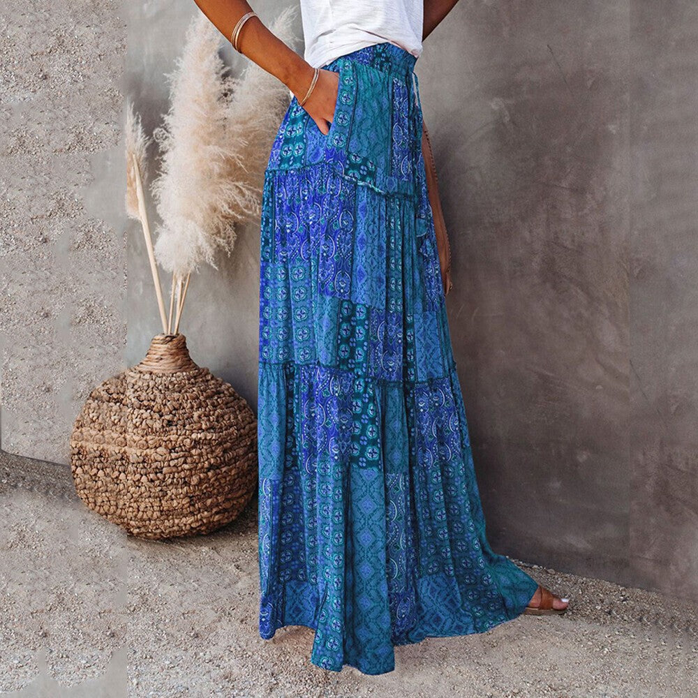 Women Bohemian High Waist Long Skirt Ladies Holiday Swing Baggy Boho Maxi Skirts