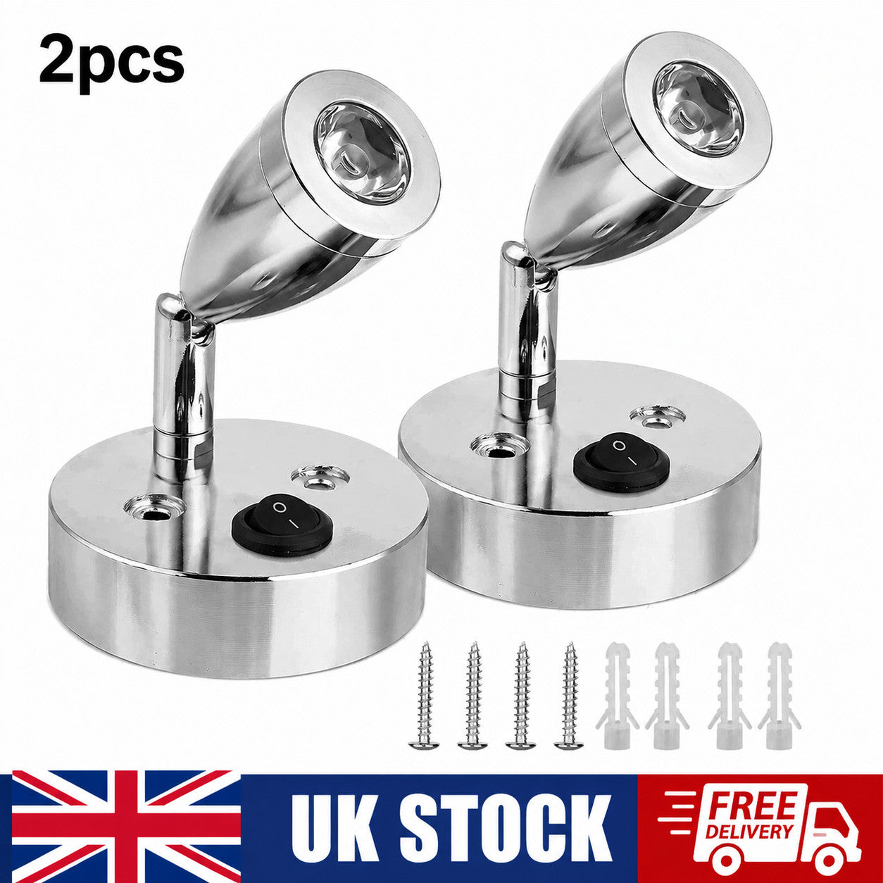 2Pc 12V LED Interior Spot Reading Light Switch Camper Van Caravan Boat Motorhome