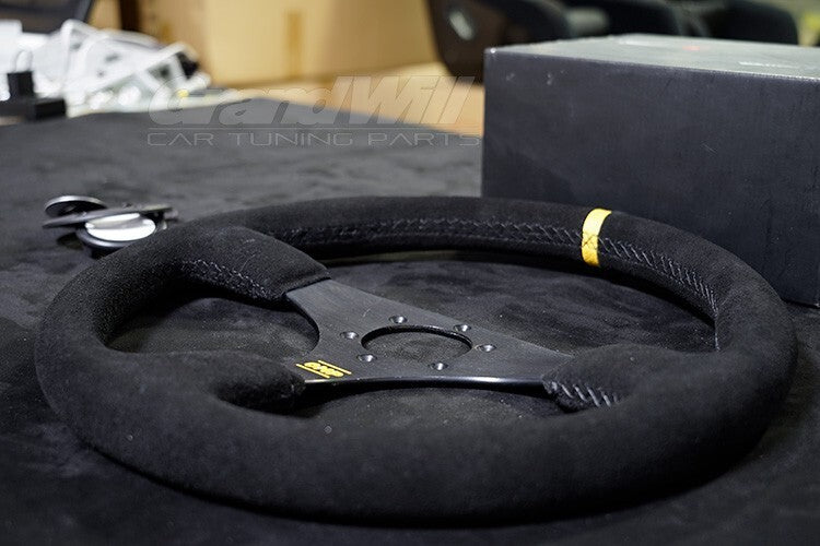 350mm 14' OMP Genuine Suede Leather Black Stitching Flat Sport Steering Wheel