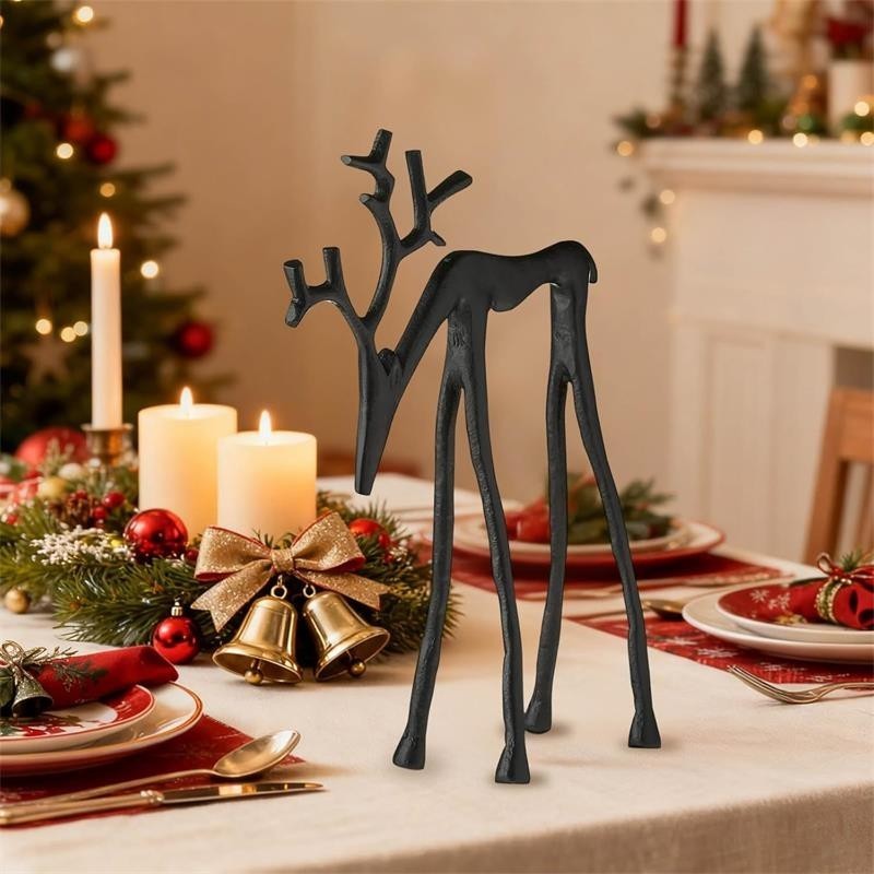 Set of 2 Black Reindeer Statues - Modern Xmas Figurines - Elegant Indoor Holiday