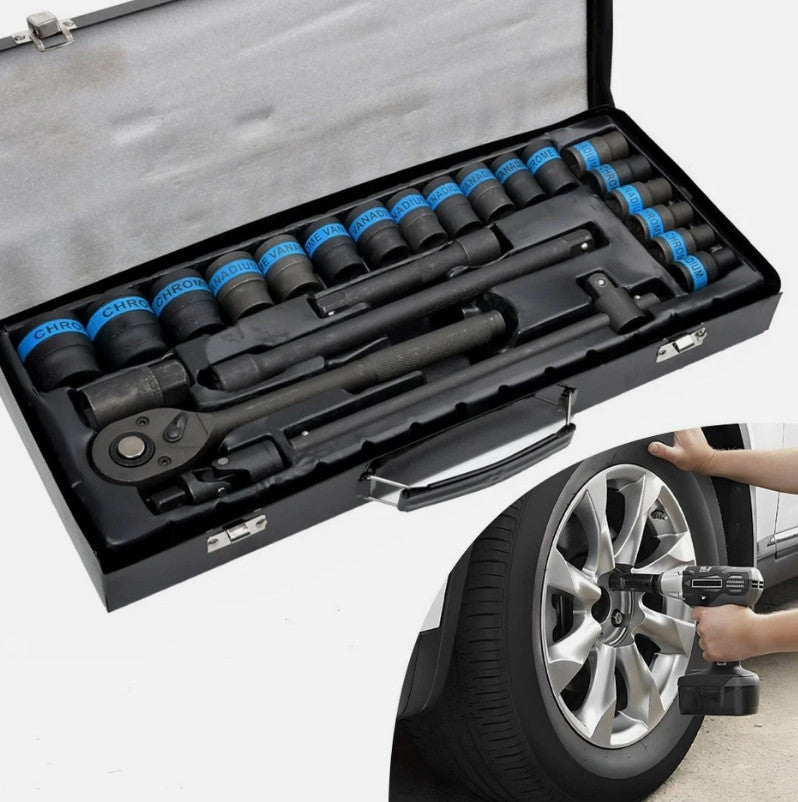 24Pcs Heavy-Duty 1/2" Drive Socket Wrench Set 8-32mm w/ Extension Bar Metal Case
