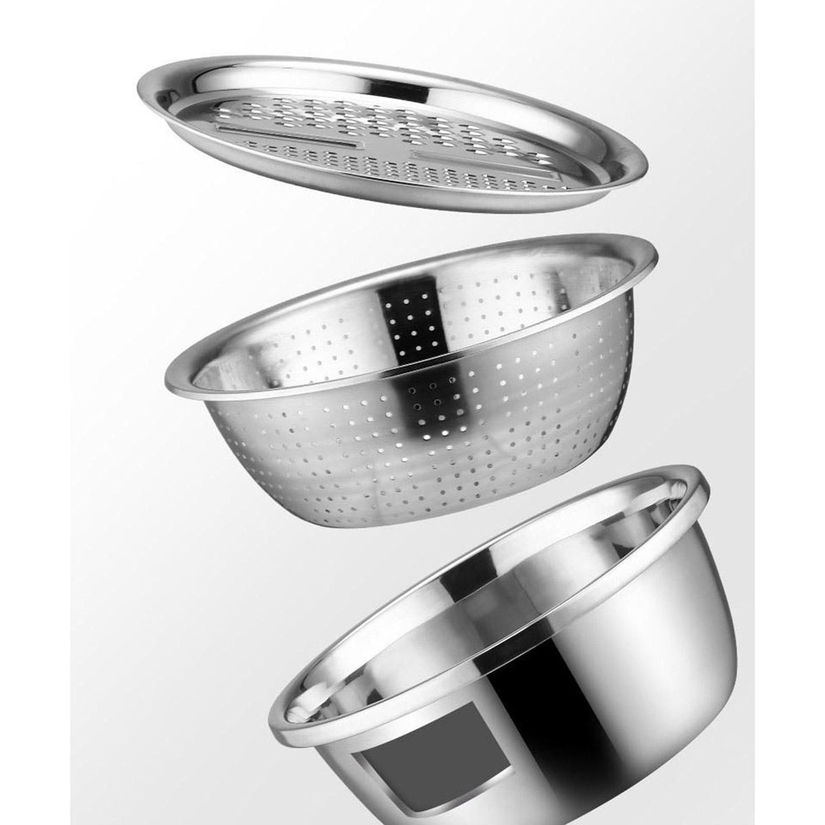 3 in 1 Stainless Steel Basin Strainer Julienne Grater Bowl and Strainer