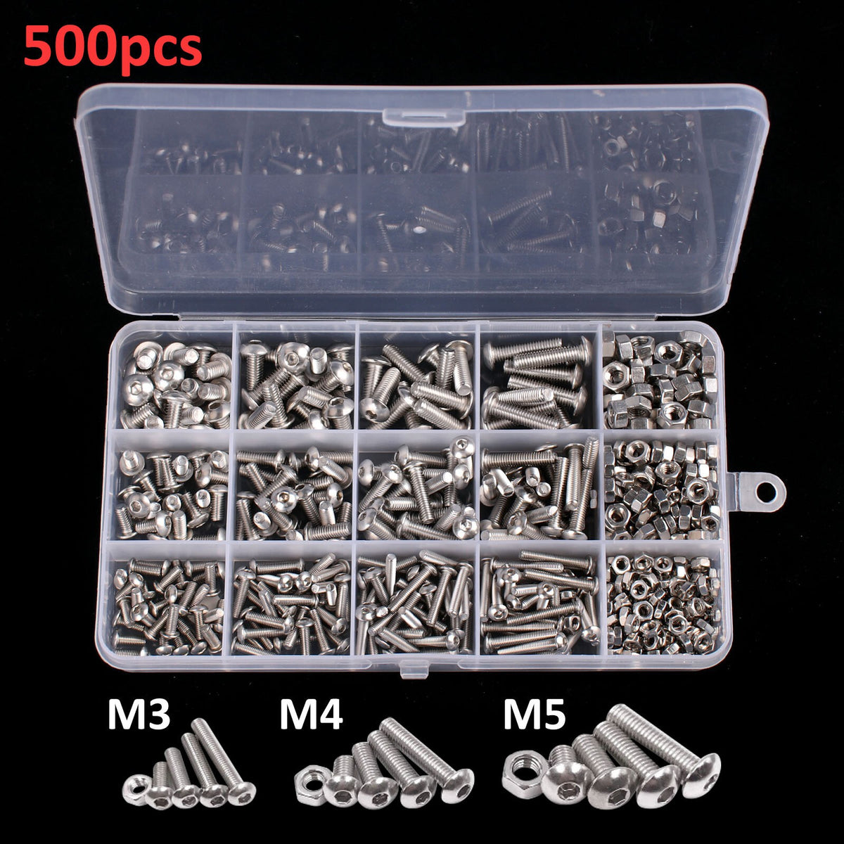 500X Assorted M3 M4 M5 Stainless Steel Hex Screws & Socket Bolts and Nuts Kit