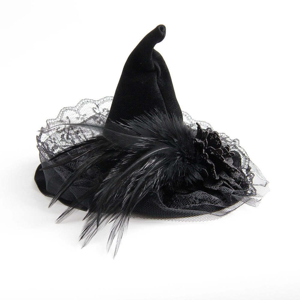 Mini Witch Hat Lace Feather Golden Spider Gothic Halloween Fancy Dress Headband