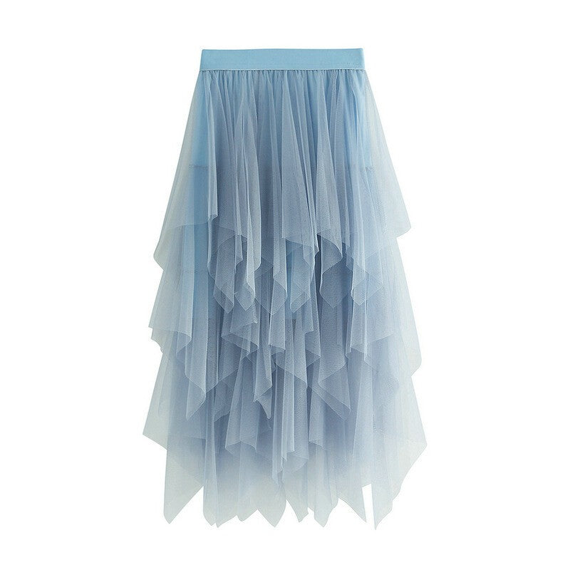 *Women's* Vintage Solid Color Layered Irregular Mesh Skirt Tulle Bubble Skirt.