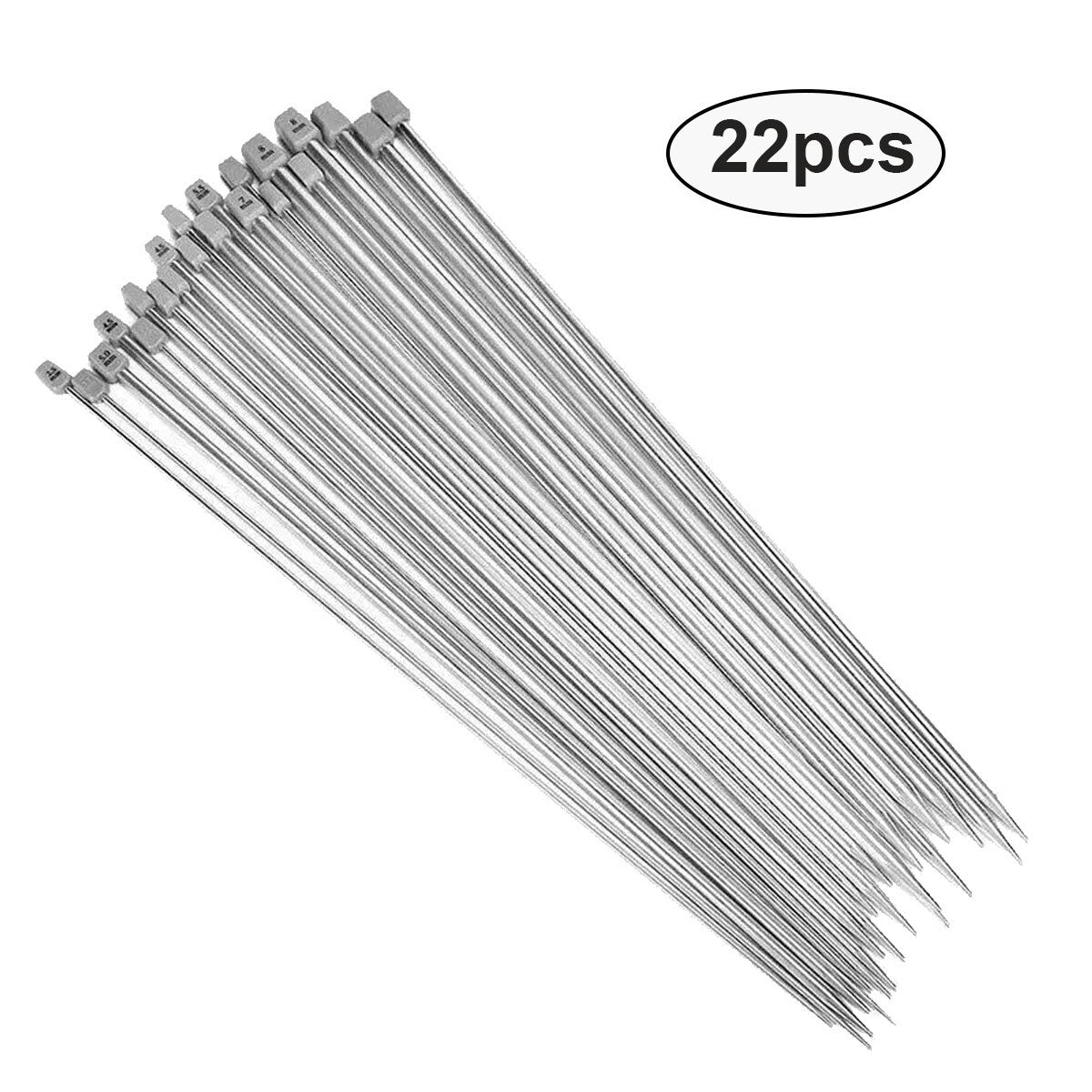 22Pcs Knitting Needle Set 2mm-8mm Stainless Steel Sewing Single Pointed 25cm