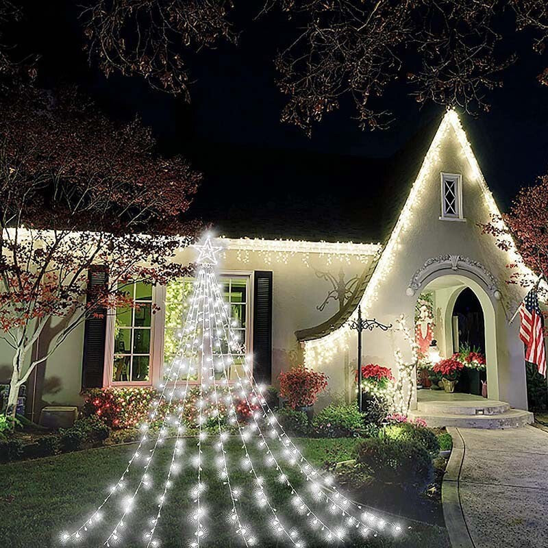 Outdoor Christmas Decor Plug in LED Star String Lights Waterfall Xmas Tree Light
