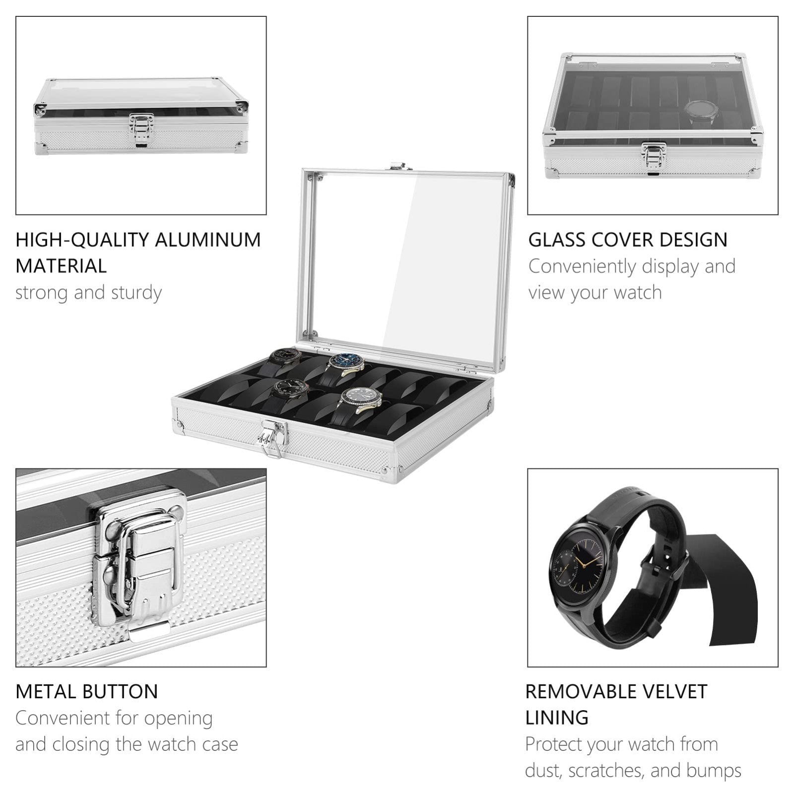12 Aluminum Wristwatch Watch Jewellery Display Storage Case Box Transparent