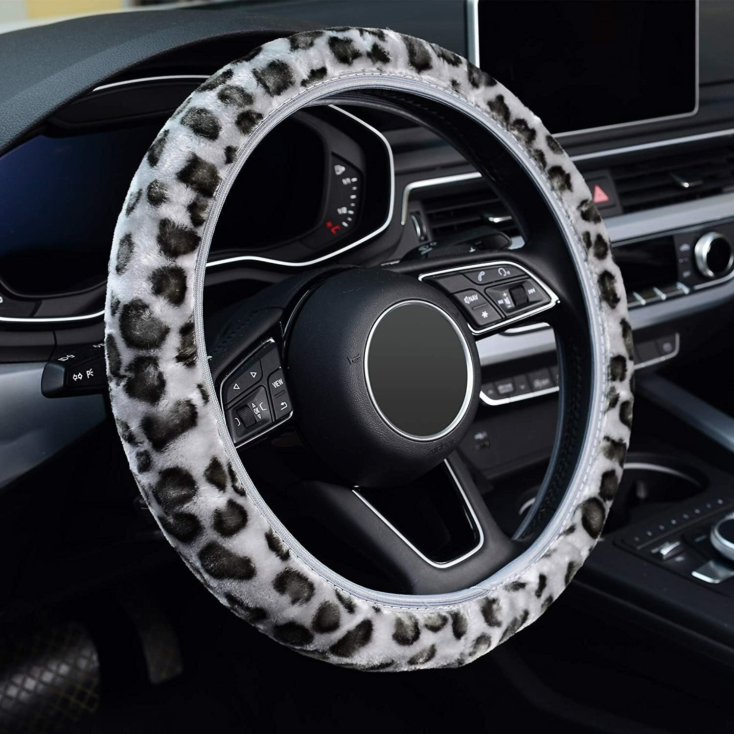Leopard Print Fluffy Warm Car Steering Wheel Cover Plush Fuzzy Girls Universal