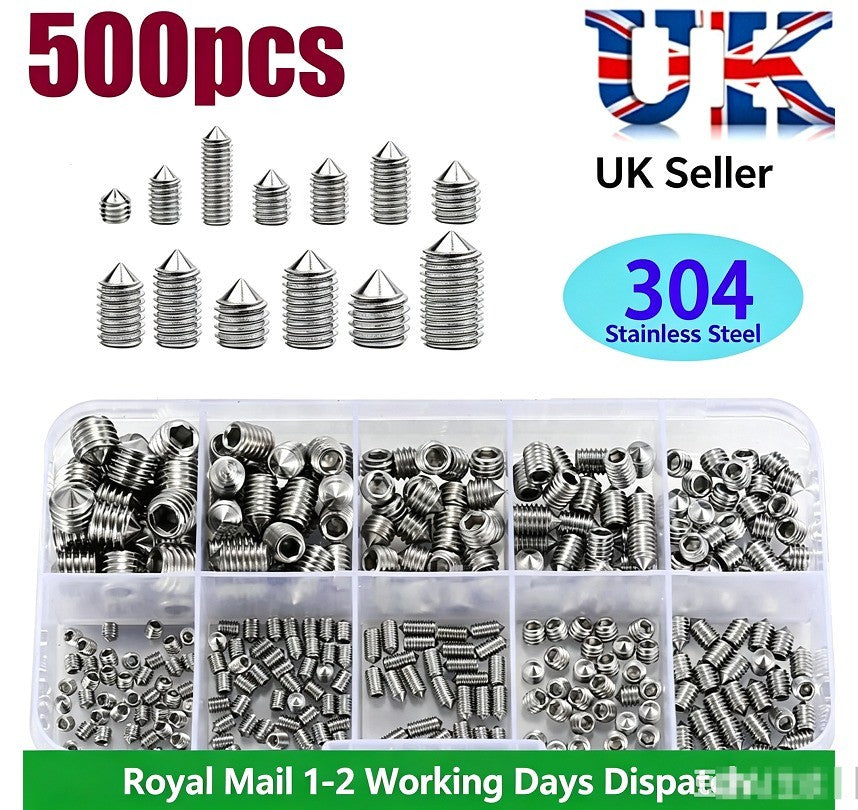 2set  A2 Cone Point Grub Screws M3 M4 M5 M6 M8 Hex Socket Set Screw Box Set