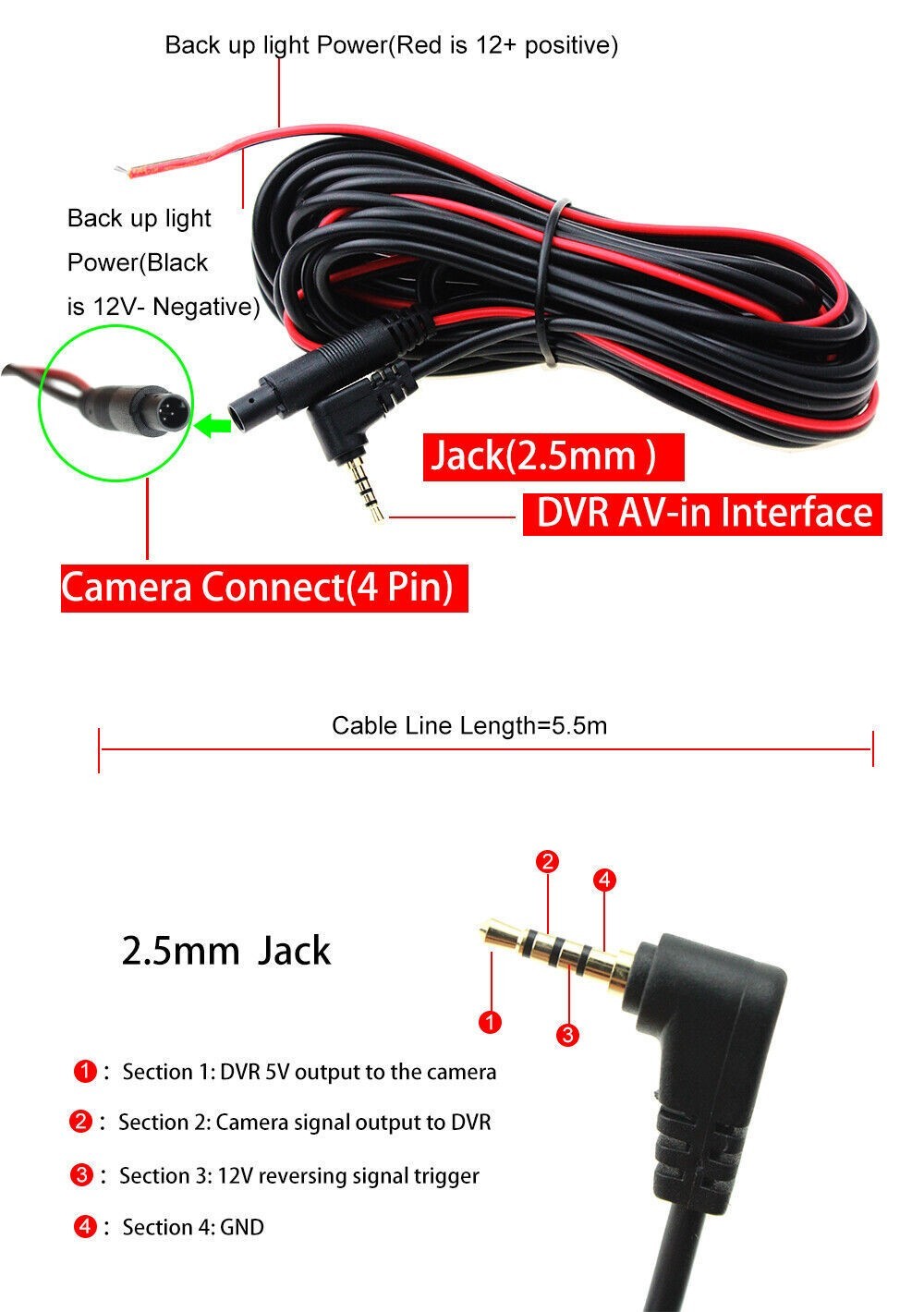 1Rear View Backup Camera 1080P 2.5mm 4Pin Compatible with Dash Streaming Monitor