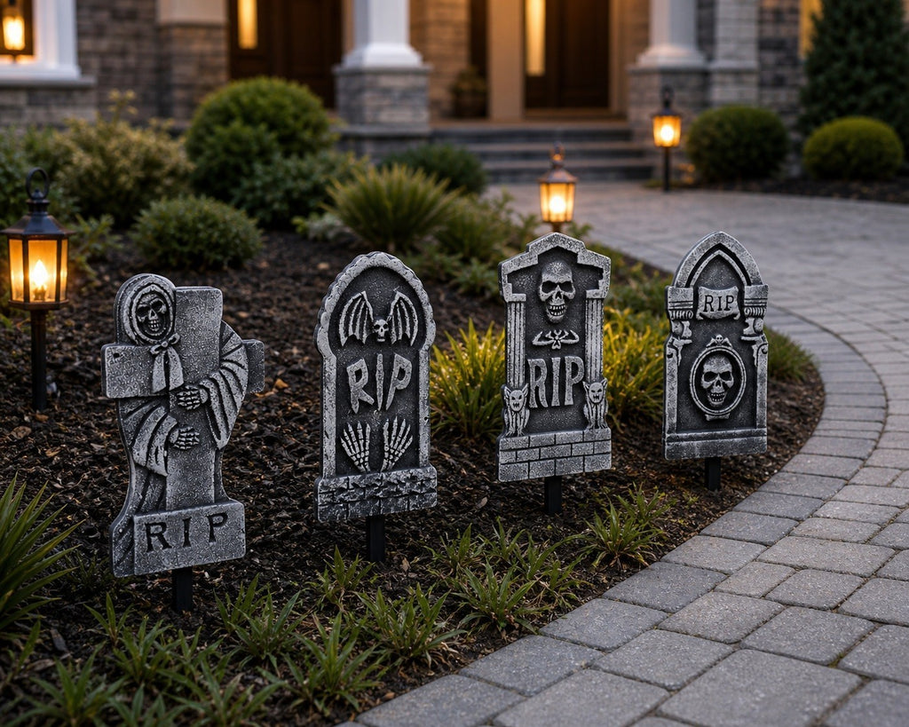 4 Tombstones 43cm Gravestone Outdoor Halloween Decoration Prop Graveyard Garden