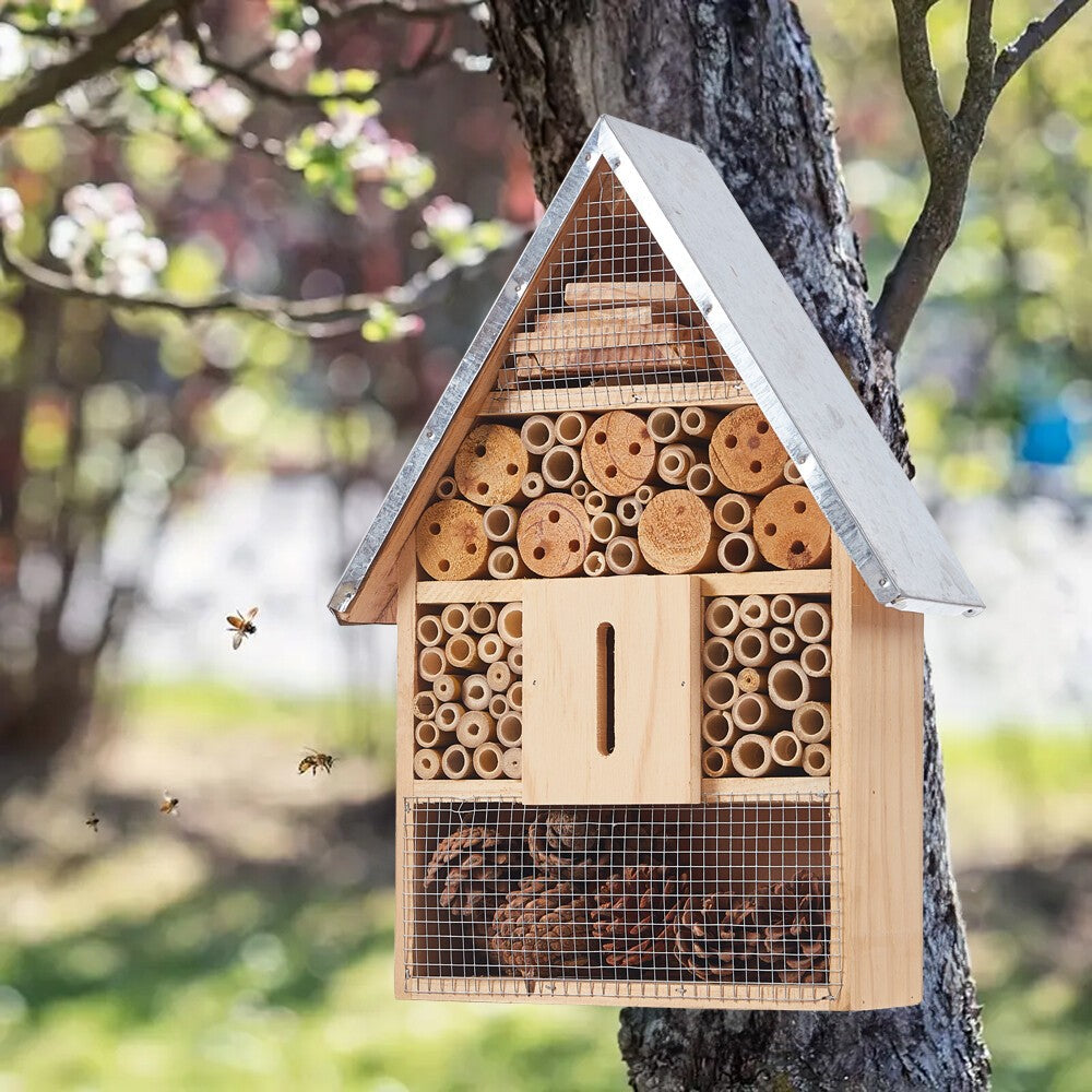 Wooden Insect Hotel Metal Roof Nesting Home Bee Keeping Bug Garden Ladybird Box