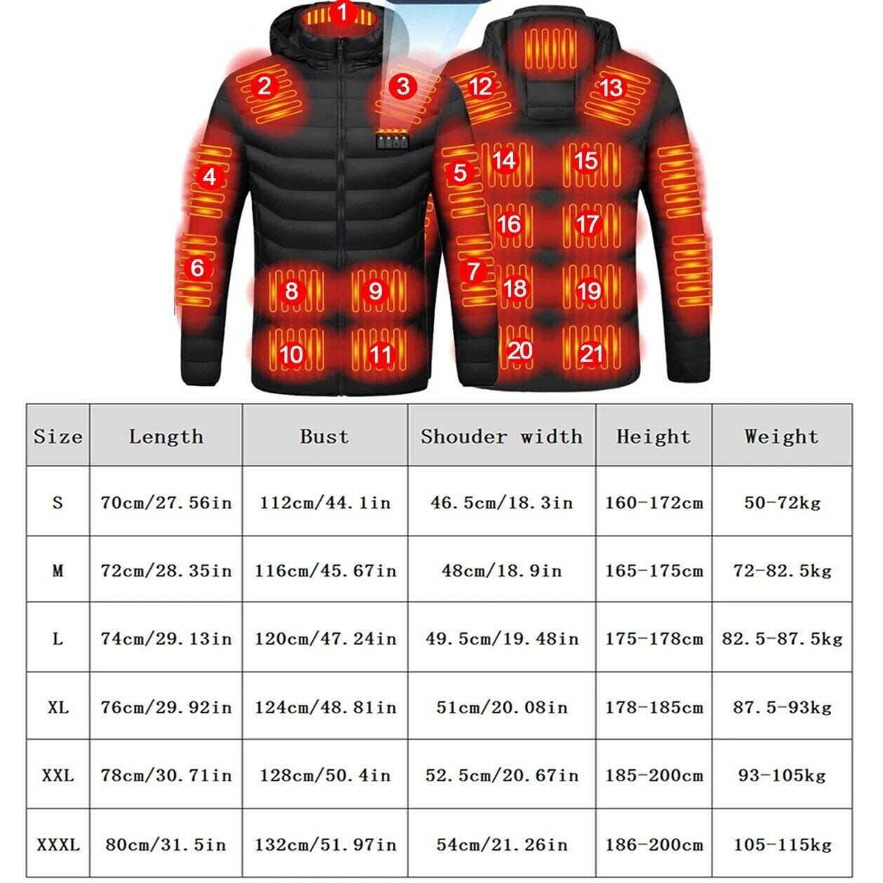 Men 21 Areas Heated Jacket USB Electric Heating Vest Winter Outdoor Warm Coat