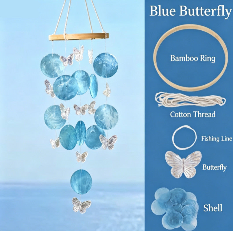 Shell Wind Chime for Outside, Butterfly Sea Glass Shell Wind Chime