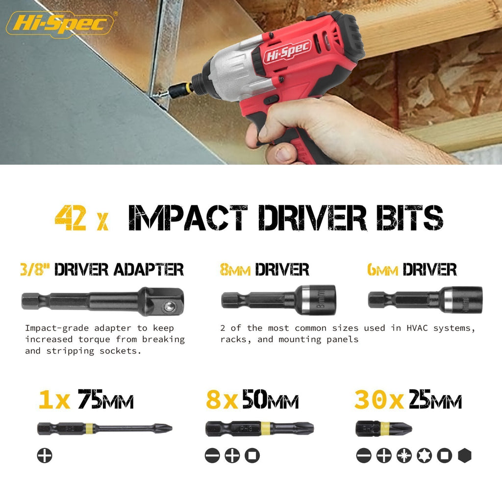 Impact Drill Screw Driver Nut Bit Magnetic Set 1/4” Hex Shank Hi-Spec 44 Piece