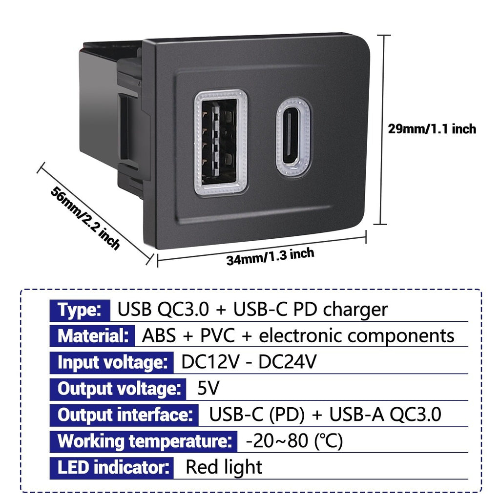 For Multivan T5 2003-2015 Car Dual USB PD+QC3.0 Charger Socket Socket Red Light．