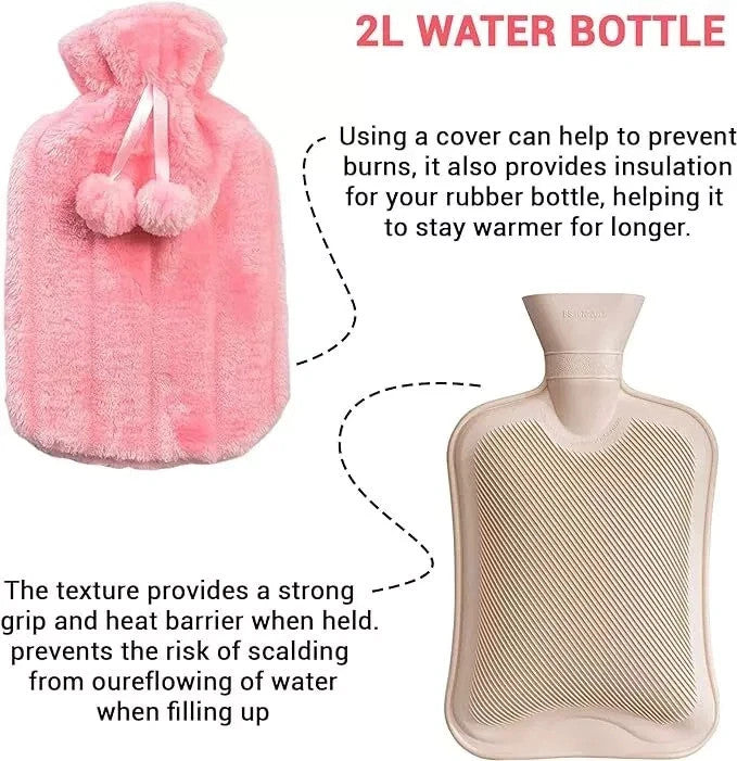 Large 2L Natural Rubber Hot Water Bottle With Warm Faux Fur Fleece Knitted Cover