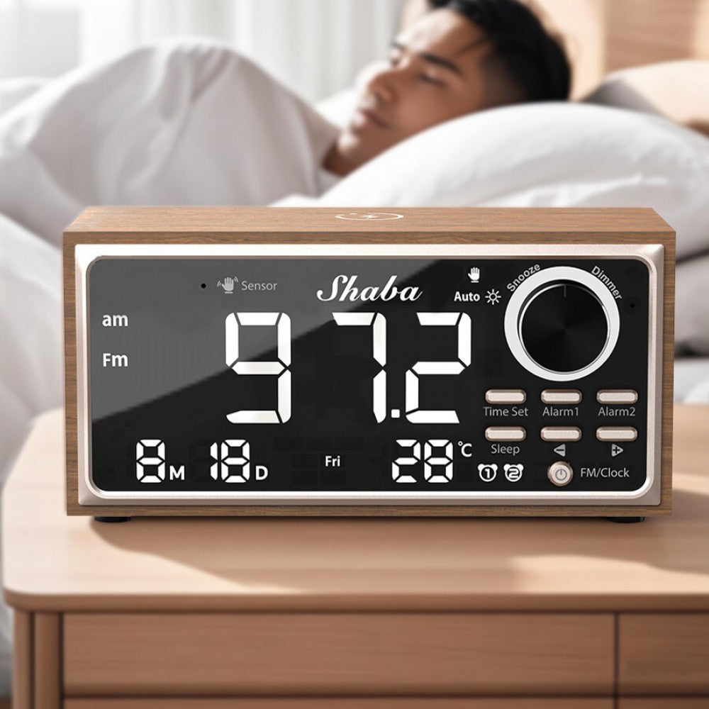 Retro Dual Alarm Clock FM Radio 15W Wireless Charging LED Display Auto-Dimming