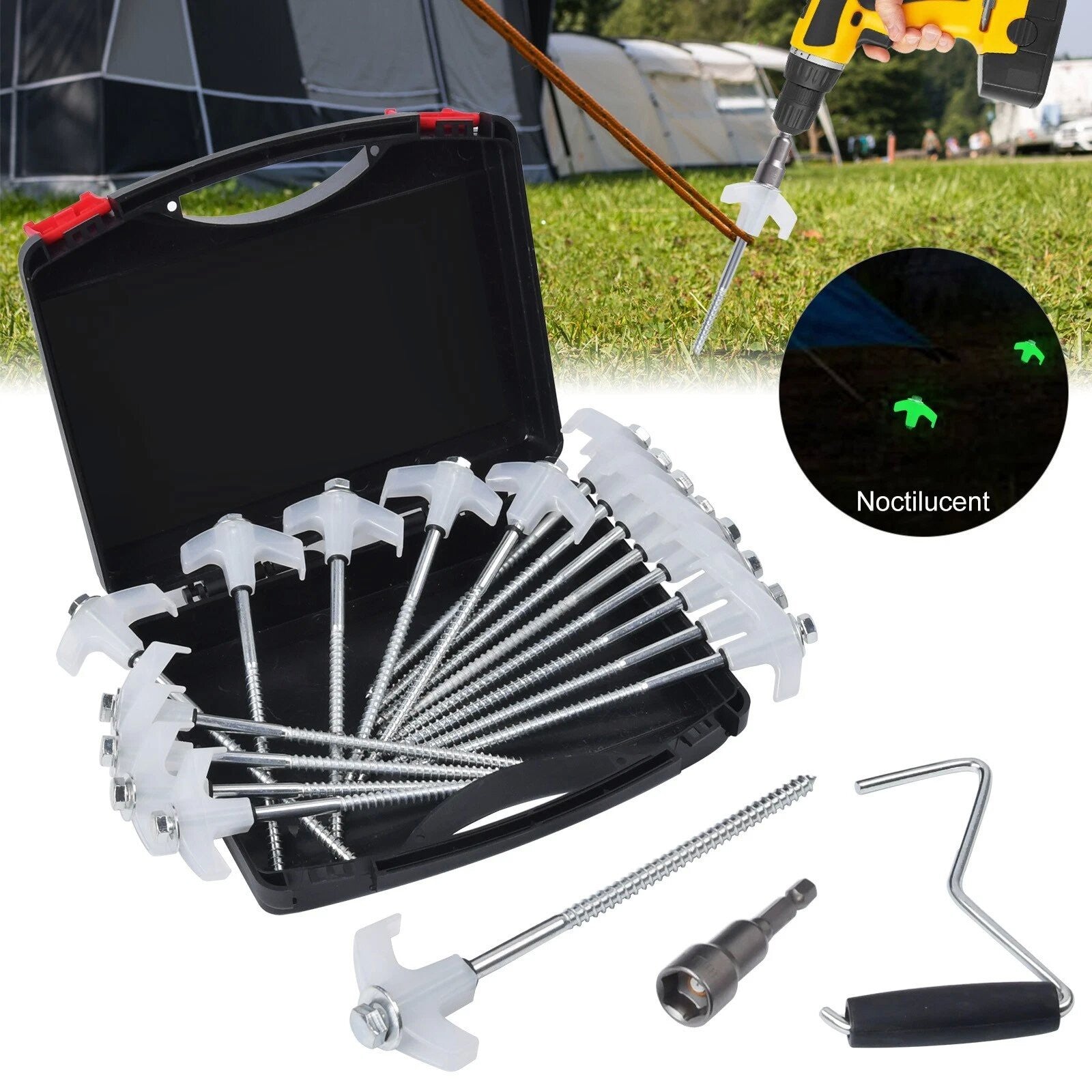 20x Pegs Screw In Drill Top Heavy Duty Ground Pegs In Case Awning Tent Pegs Set