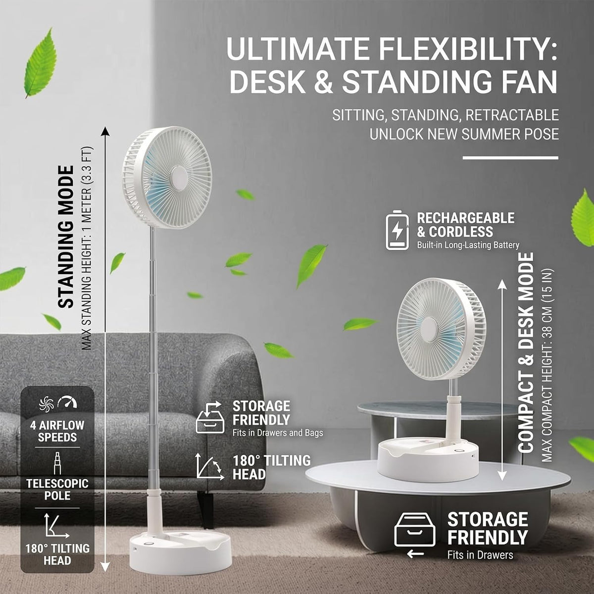 Cordless Fan, 2026 New Portable Folding and telescopic Fan 7200mah.*