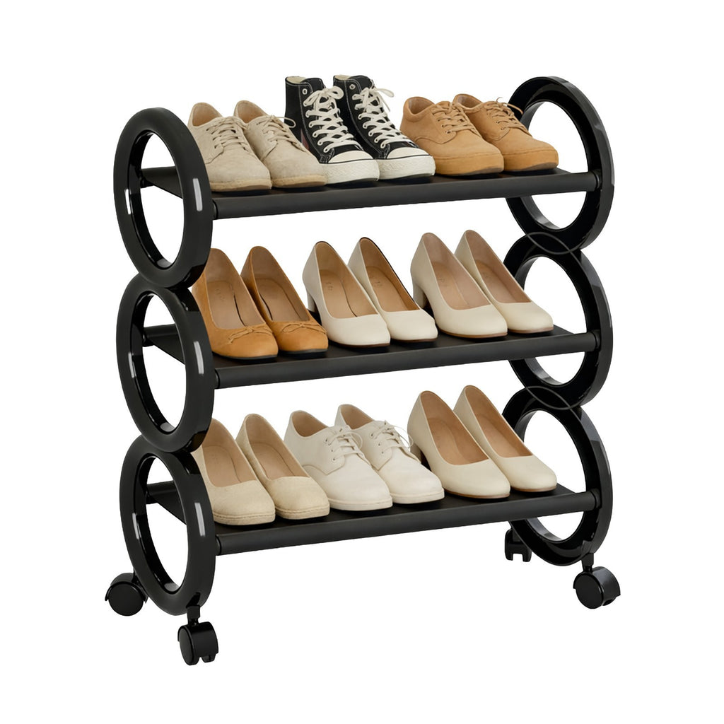 3-Tier Rolling Shoe Rack with Wheels,Circular Design Metal Storage Shelf