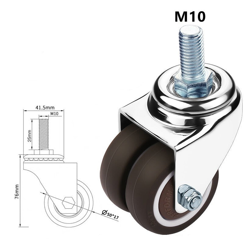 50mm 2" Heavy Duty Swivel Castor Twin Wheel Rubber Furniture Stem Caster M10/12