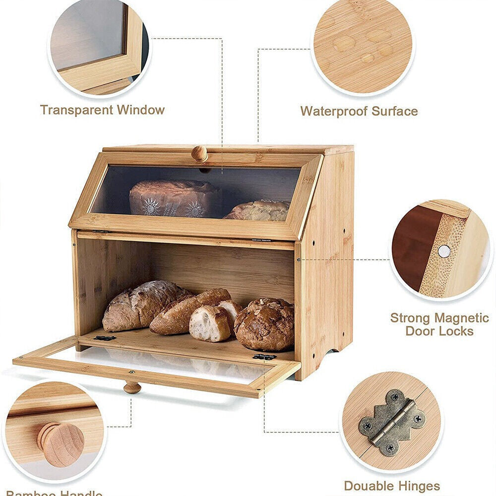 2 Tier Bamboo Bread Bin Double Layer Kitchen Storage Container Loaf Bread Box UK
