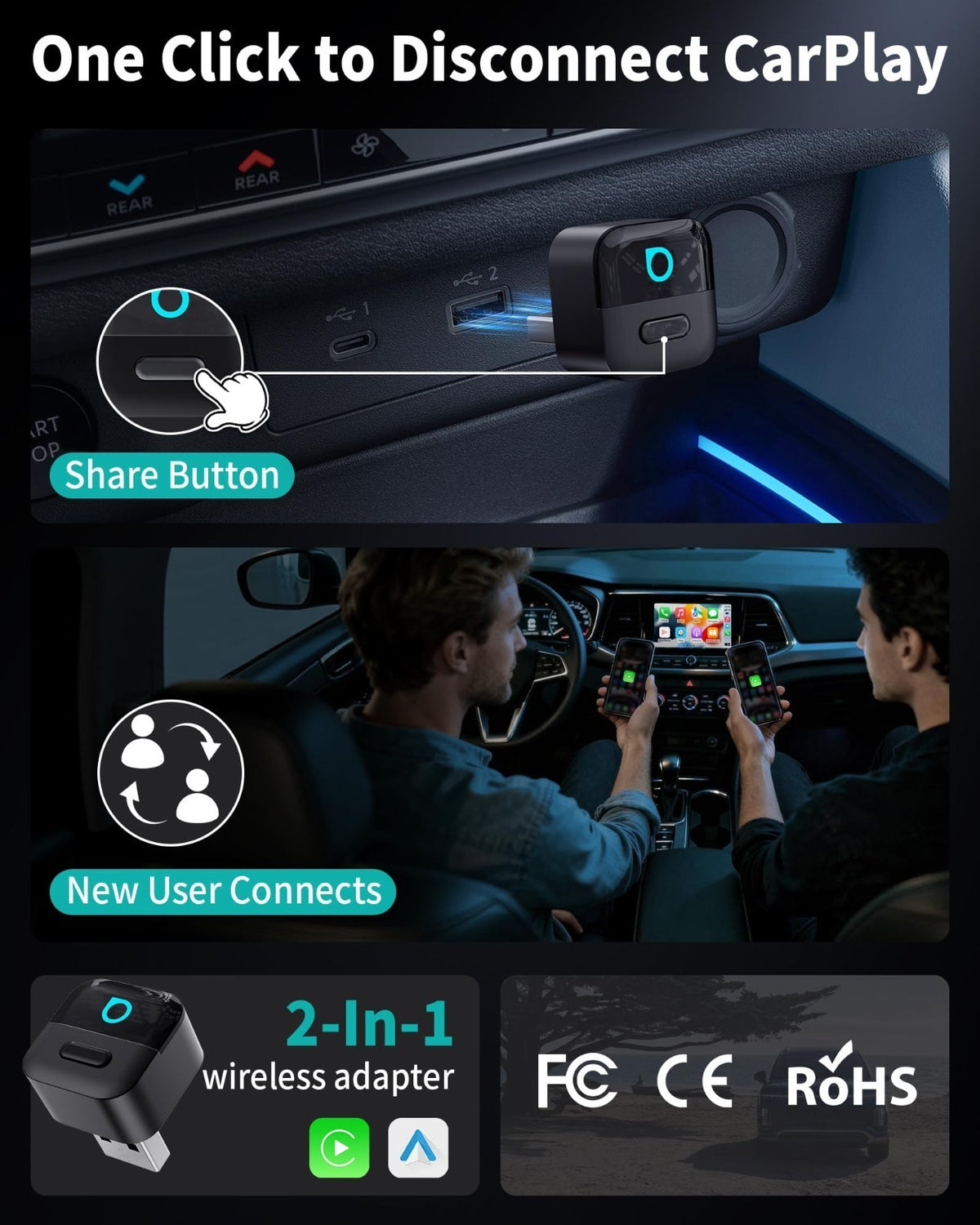 Wireless CarPlay AndroidAuto Adapter USB Dongle 2in1 w/Button