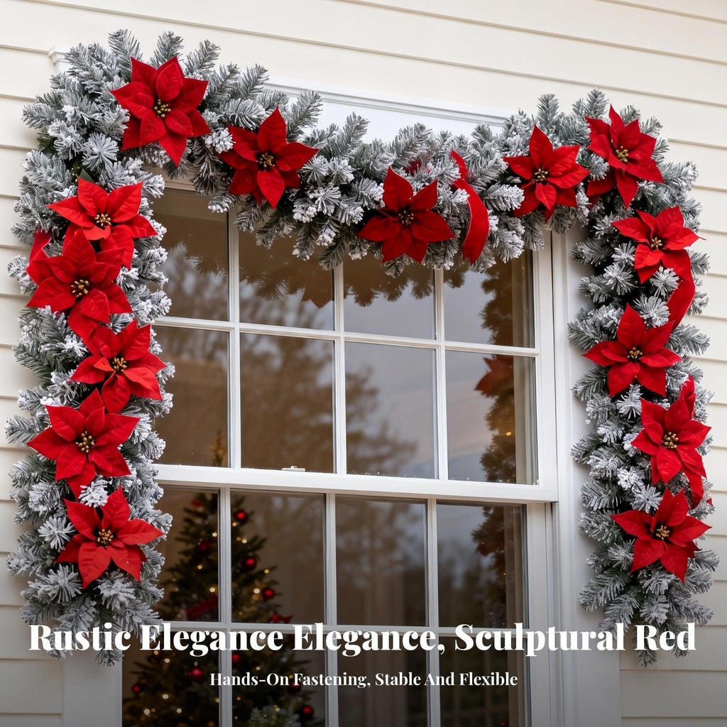 Fir Garland with Poinsettias Winter Decorations Flexible for Mantel