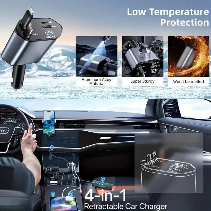 Retractable Car Charger 4IN1 120W USB Type C Cable For Phone Fast Charge Adapter