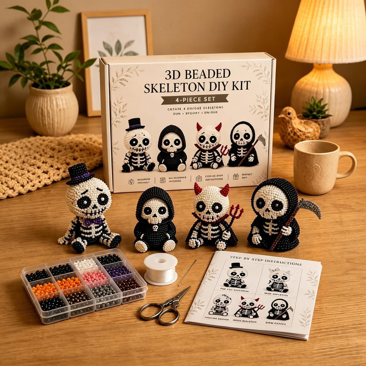 3D Beaded Skeleton DIY Kit, Tiny Beading World 3D DIY Craft Set, Handmade Art UK