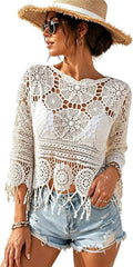 Women's Plain Fringe Trim Cut Out Sheer Cover Up-Boho Scallop Trim 3/4 Sleeve