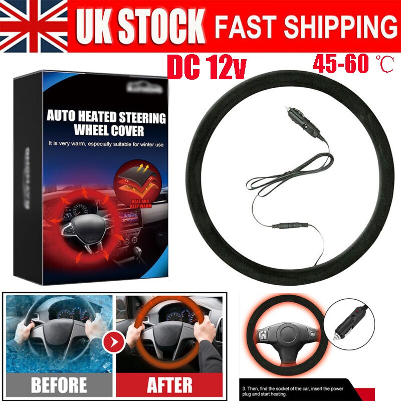 12V Universal Heated Car Steering Wheel Cover Protector Winter Hand Warmer 38 CM