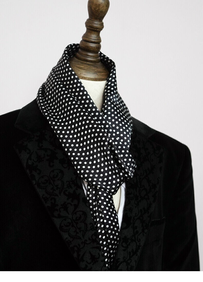 Mens 100 Silk Scarf Vintage Polka Dot Double Layer Long Neckerchief Black & Blue