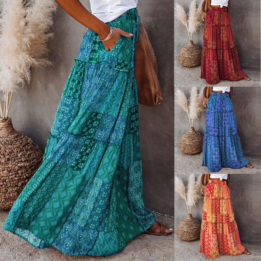 Women Bohemian High Waist Long Skirt Ladies Holiday Swing Baggy Boho Maxi Skirts