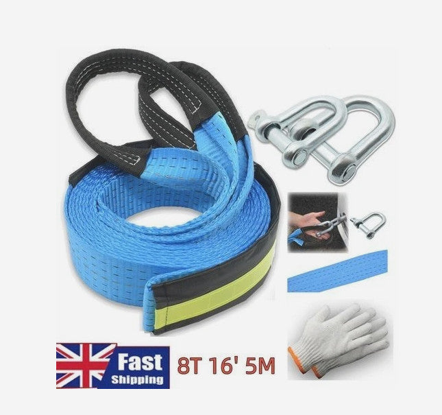 Heavy Duty Tow Rope Thicken 8T 5M Towing Strap Trailer Belt & Metal Hooks