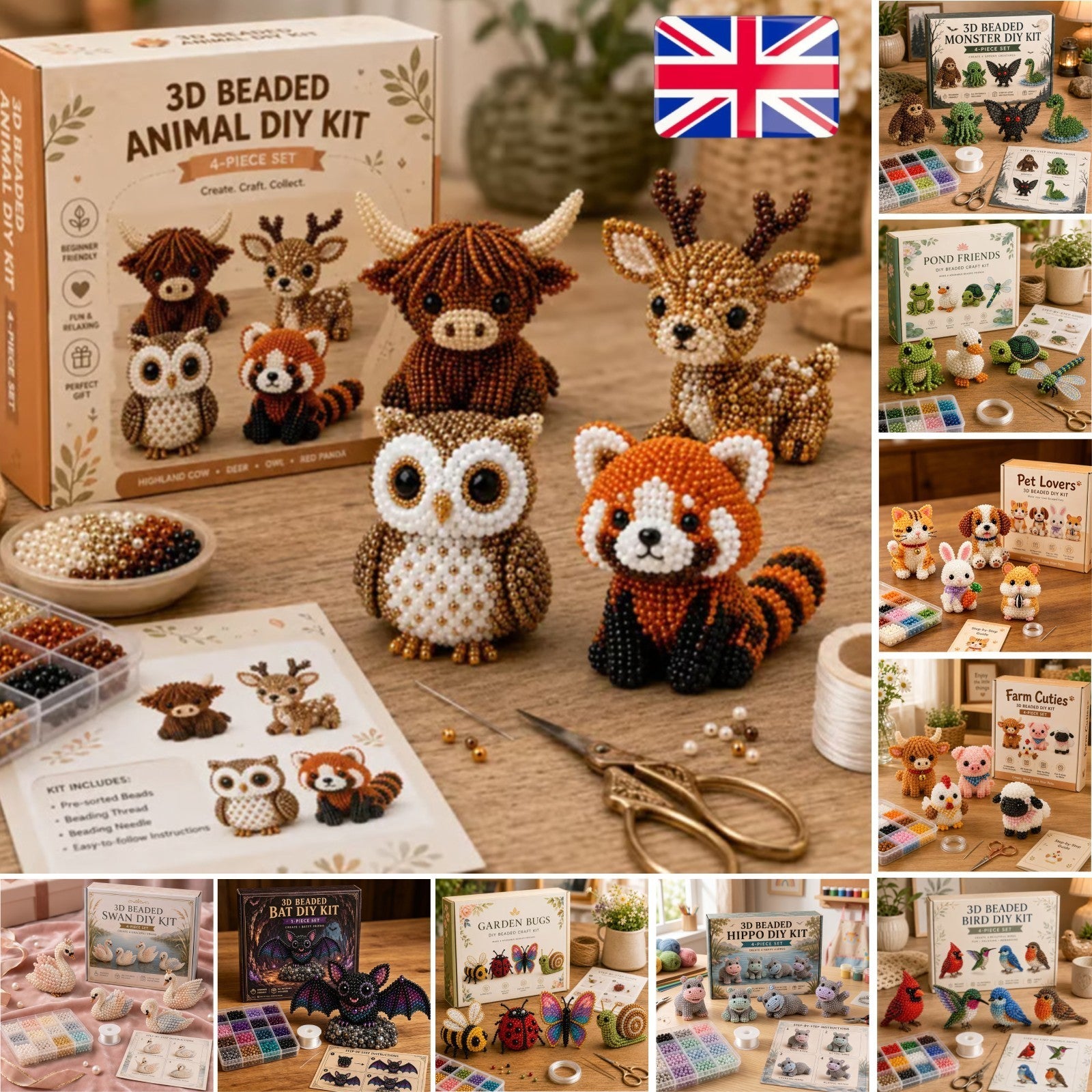 Tiny 3D Beaded Animal DIY Kit Cute Bird Animal Beading Craft Set Handmade Art UK