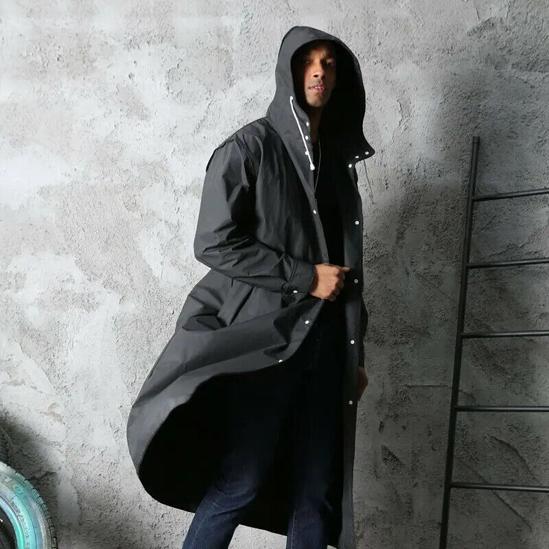 Men Black Waterproof Long Raincoat Rain Coat Hooded Trench Jacket Outdoor Hiking