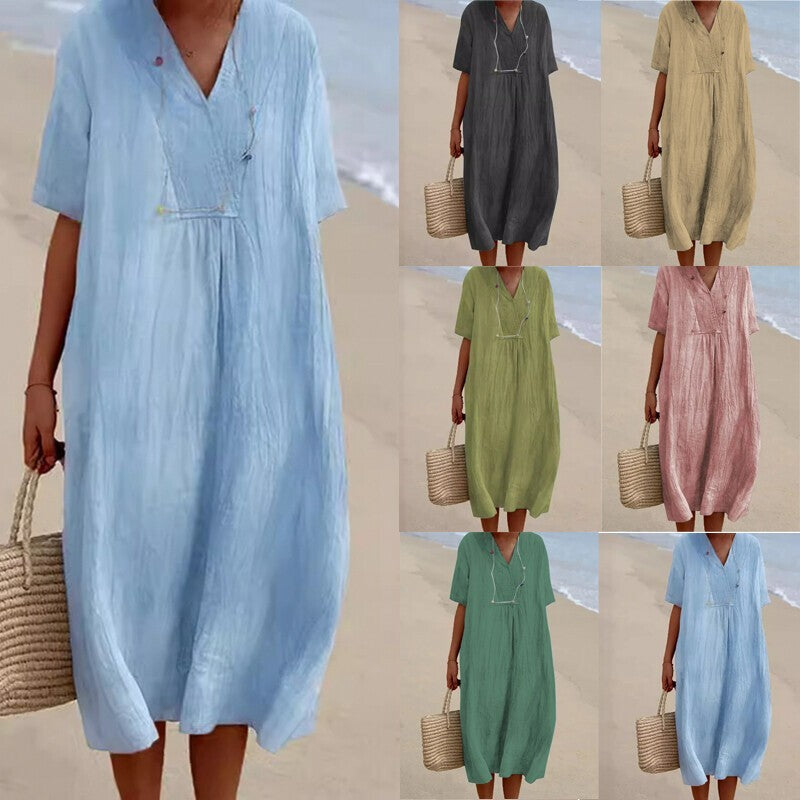 Ladies Summer Cotton Linen Dress Ladies Sundress Solid Midi Dresses Pullover UK