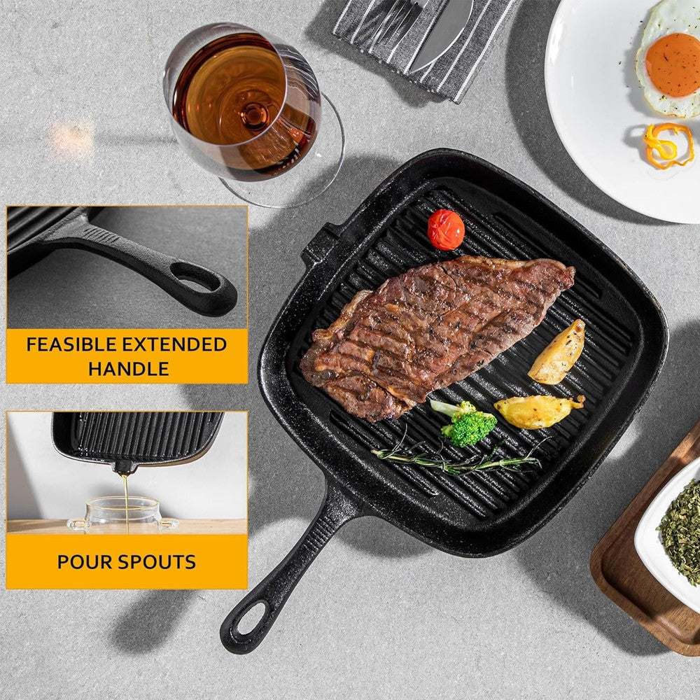 Cast Iron Griddle Frying Pan Grill Non-Stick Skillet Cooking Fry Square Steak UK